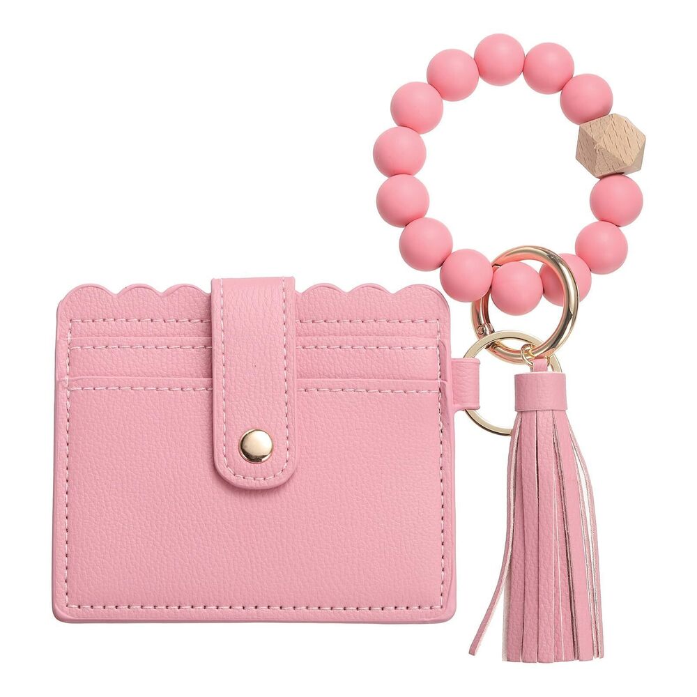 8723 Card Holder Wallet with Silicone Beaded Bracelet, Slim PU Leather